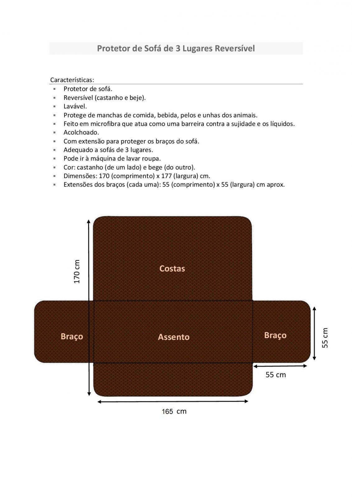 Capa Protetora de Sofá Reversível Castanha - 3 Lugares