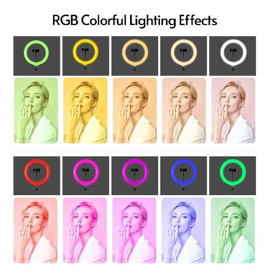 Ring Light RGB MJ36 36cm Diâmetro -Tripé Suporte p/ 3 Telemóveis