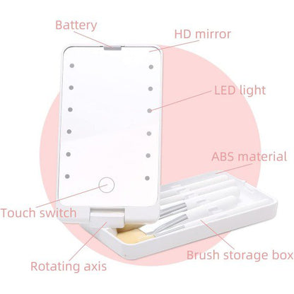 Espelho portátil com luz + 5 pincéis de maquilhagem