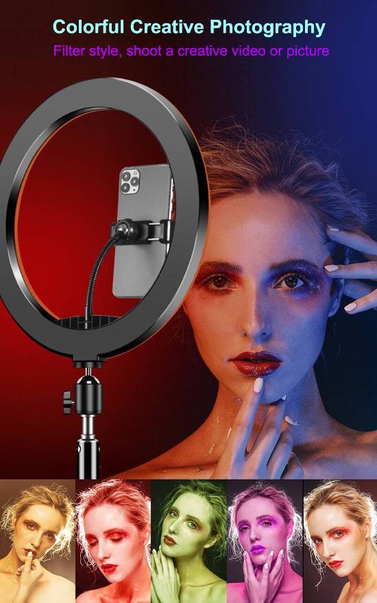 Ring Light  RGB  MJ14 36cm Diâmetro-Tripé Suporte p/ 3 Telemóveis