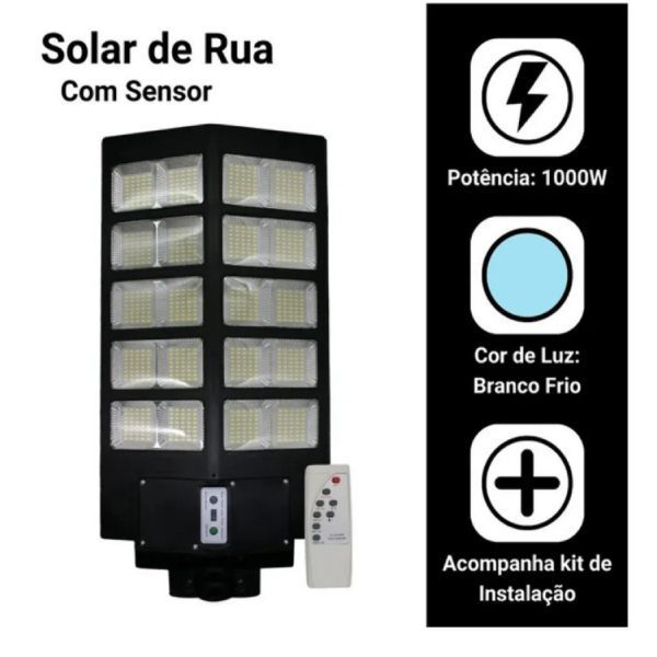 Candeeiro Solar de Rua 1000W com Sensor de Movimento e Comando