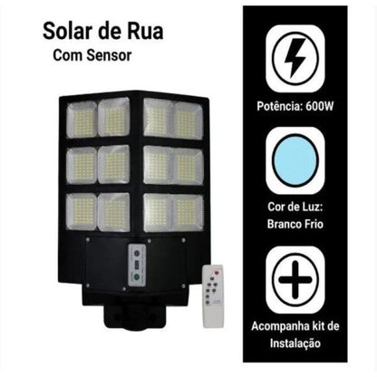 Candeeiro Solar de Rua 600W com Sensor de Movimento e Comando