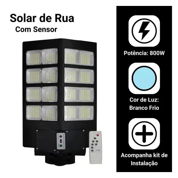 Candeeiro Solar de Rua 800W com Sensor de Movimento e Comando