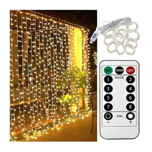 Cortina 3 x 3 m com 300 Lâmpadas LED Branco Quente