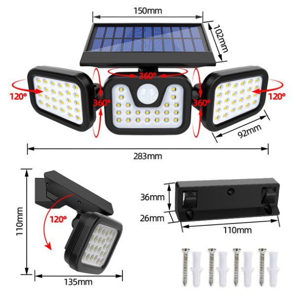 Lâmpada Solar de Parede com 3 Cabeças Rotativas