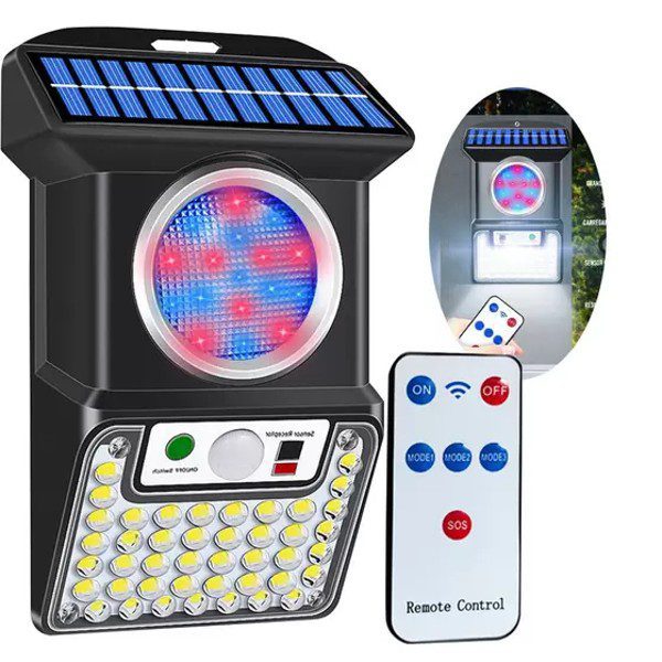 Lâmpada Solar de Segurança com Sensor Movimento e Comando 59Leds