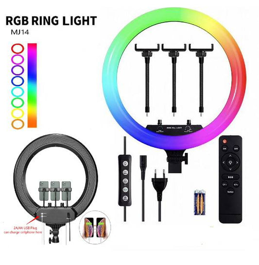 Ring Light  RGB  MJ14 36cm Diâmetro-Tripé Suporte p/ 3 Telemóveis