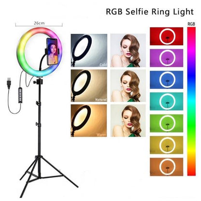 Ring Light Colorido –Tripé Suporte para 1 Telemóvel 26cm Diâmetro