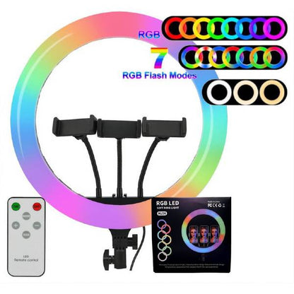 Ring Light RGB MJ36 36cm Diâmetro -Tripé Suporte p/ 3 Telemóveis